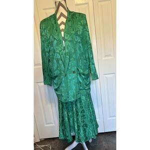 VINTAGE HONG KONG CHINESE SILK Green Pattern Flare Maxi Skirt Blazer Pockets Lux